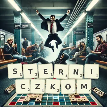 Kreatywna ilustracja do gry w Scrabble ze słowem STERNICZKOM ułożonym z płytek na planszy.
