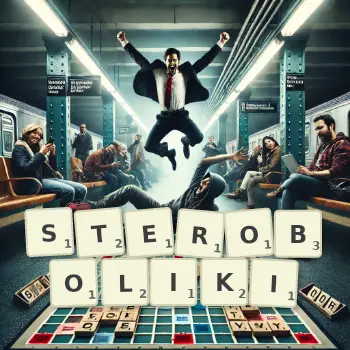 Kreatywna ilustracja do gry w Scrabble ze słowem STEROBOLIKI ułożonym z płytek na planszy.