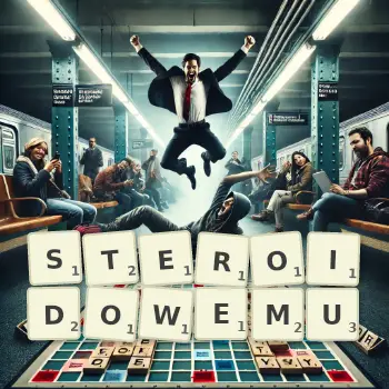 Kreatywna ilustracja do gry w Scrabble ze słowem STEROIDOWEMU ułożonym z płytek na planszy.