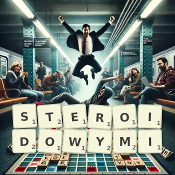 Kreatywna ilustracja do gry w Scrabble ze słowem STEROIDOWYMI ułożonym z płytek na planszy.