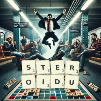 Kreatywna ilustracja do gry w Scrabble ze słowem STEROIDU ułożonym z płytek na planszy.