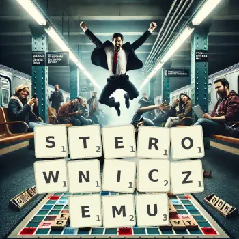 Kreatywna ilustracja do gry w Scrabble ze słowem STEROWNICZEMU ułożonym z płytek na planszy.