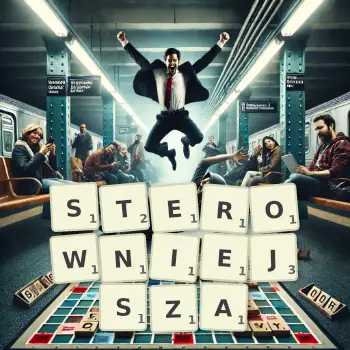 Kreatywna ilustracja do gry w Scrabble ze słowem STEROWNIEJSZA ułożonym z płytek na planszy.