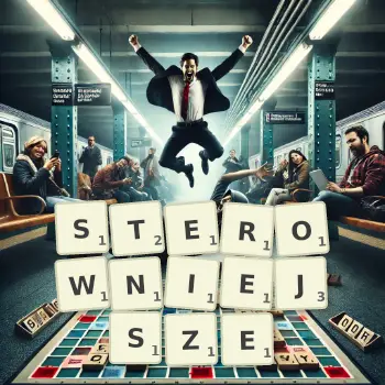 Kreatywna ilustracja do gry w Scrabble ze słowem STEROWNIEJSZE ułożonym z płytek na planszy.