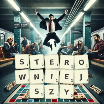 Kreatywna ilustracja do gry w Scrabble ze słowem STEROWNIEJSZY ułożonym z płytek na planszy.