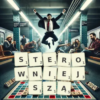 Kreatywna ilustracja do gry w Scrabble ze słowem STEROWNIEJSZĄ ułożonym z płytek na planszy.