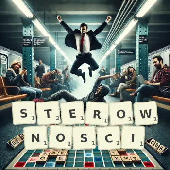 Kreatywna ilustracja do gry w Scrabble ze słowem STEROWNOSCI ułożonym z płytek na planszy.