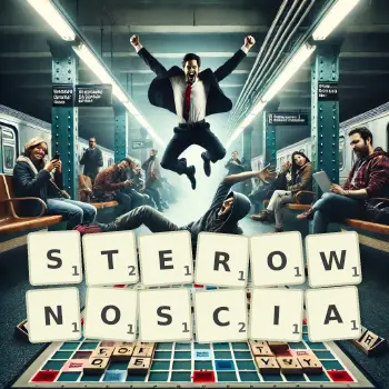 Kreatywna ilustracja do gry w Scrabble ze słowem STEROWNOSCIA ułożonym z płytek na planszy.