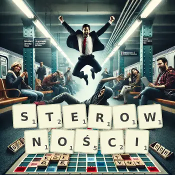 Kreatywna ilustracja do gry w Scrabble ze słowem STEROWNOŚCI ułożonym z płytek na planszy.