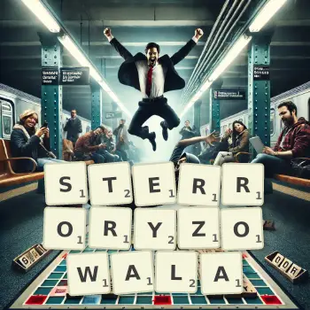 Kreatywna ilustracja do gry w Scrabble ze słowem STERRORYZOWALA ułożonym z płytek na planszy.