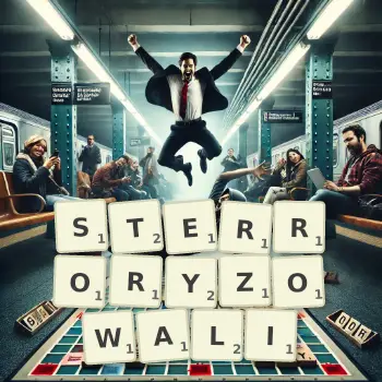 Kreatywna ilustracja do gry w Scrabble ze słowem STERRORYZOWALI ułożonym z płytek na planszy.