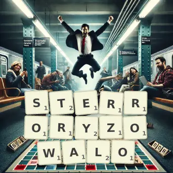 Kreatywna ilustracja do gry w Scrabble ze słowem STERRORYZOWALO ułożonym z płytek na planszy.