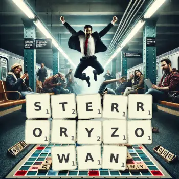 Kreatywna ilustracja do gry w Scrabble ze słowem STERRORYZOWAN ułożonym z płytek na planszy.