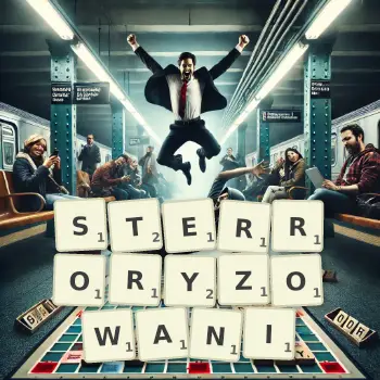 Kreatywna ilustracja do gry w Scrabble ze słowem STERRORYZOWANI ułożonym z płytek na planszy.