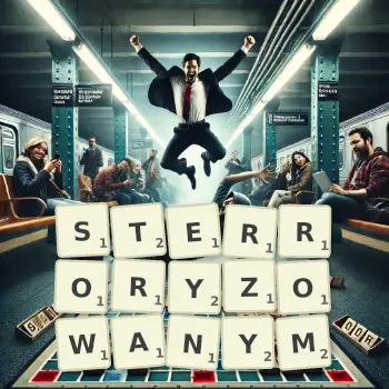 Kreatywna ilustracja do gry w Scrabble ze słowem STERRORYZOWANYM ułożonym z płytek na planszy.