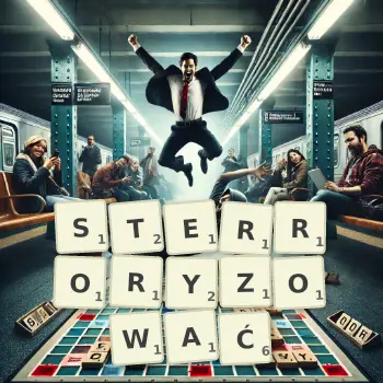 Kreatywna ilustracja do gry w Scrabble ze słowem STERRORYZOWAĆ ułożonym z płytek na planszy.