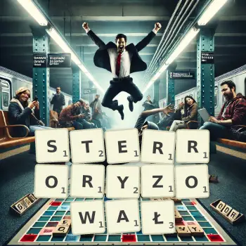 Kreatywna ilustracja do gry w Scrabble ze słowem STERRORYZOWAŁ ułożonym z płytek na planszy.