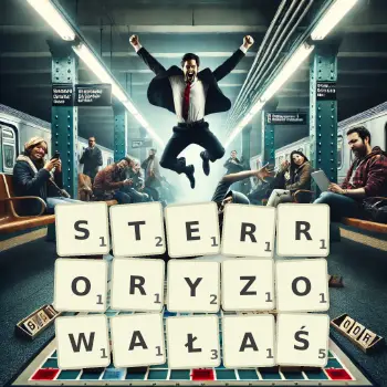 Kreatywna ilustracja do gry w Scrabble ze słowem STERRORYZOWAŁAŚ ułożonym z płytek na planszy.