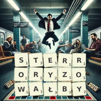 Kreatywna ilustracja do gry w Scrabble ze słowem STERRORYZOWAŁBY ułożonym z płytek na planszy.