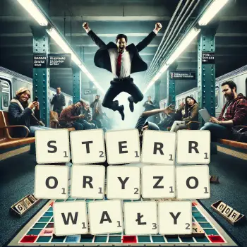 Kreatywna ilustracja do gry w Scrabble ze słowem STERRORYZOWAŁY ułożonym z płytek na planszy.