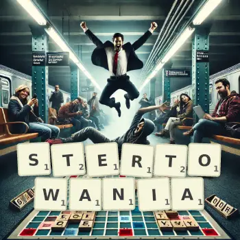 Kreatywna ilustracja do gry w Scrabble ze słowem STERTOWANIA ułożonym z płytek na planszy.