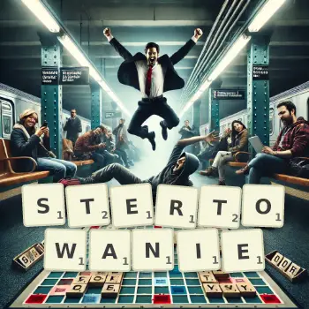 Kreatywna ilustracja do gry w Scrabble ze słowem STERTOWANIE ułożonym z płytek na planszy.