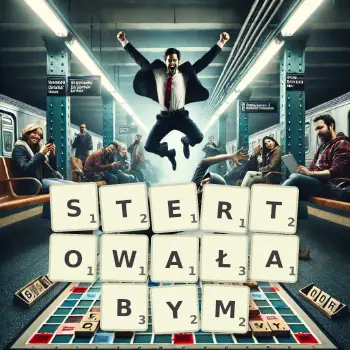 Kreatywna ilustracja do gry w Scrabble ze słowem STERTOWAŁABYM ułożonym z płytek na planszy.