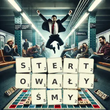 Kreatywna ilustracja do gry w Scrabble ze słowem STERTOWAŁYŚMY ułożonym z płytek na planszy.