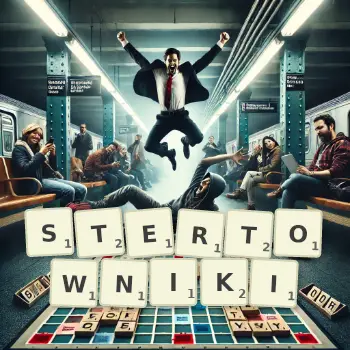 Kreatywna ilustracja do gry w Scrabble ze słowem STERTOWNIKI ułożonym z płytek na planszy.