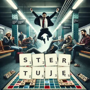 Kreatywna ilustracja do gry w Scrabble ze słowem STERTUJĘ ułożonym z płytek na planszy.