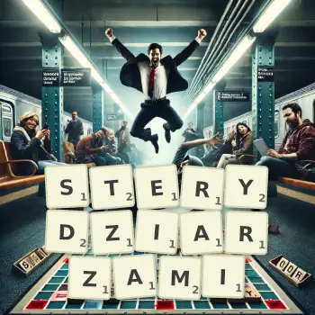 Kreatywna ilustracja do gry w Scrabble ze słowem STERYDZIARZAMI ułożonym z płytek na planszy.