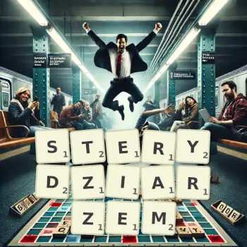 Kreatywna ilustracja do gry w Scrabble ze słowem STERYDZIARZEM ułożonym z płytek na planszy.