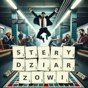 Kreatywna ilustracja do gry w Scrabble ze słowem STERYDZIARZOWI ułożonym z płytek na planszy.