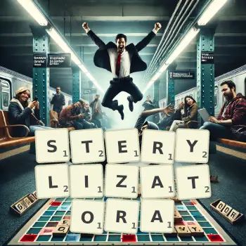 Kreatywna ilustracja do gry w Scrabble ze słowem STERYLIZATORA ułożonym z płytek na planszy.