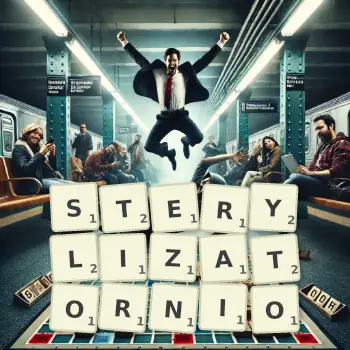 Kreatywna ilustracja do gry w Scrabble ze słowem STERYLIZATORNIO ułożonym z płytek na planszy.