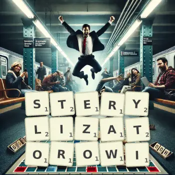 Kreatywna ilustracja do gry w Scrabble ze słowem STERYLIZATOROWI ułożonym z płytek na planszy.