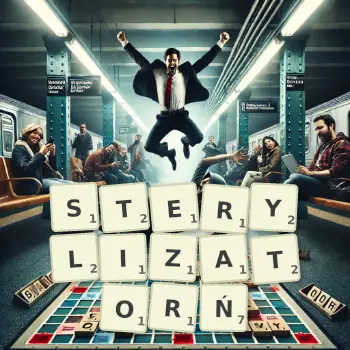 Kreatywna ilustracja do gry w Scrabble ze słowem STERYLIZATORŃ ułożonym z płytek na planszy.