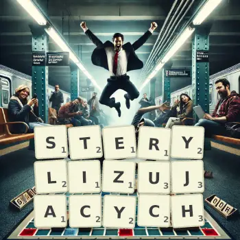 Kreatywna ilustracja do gry w Scrabble ze słowem STERYLIZUJACYCH ułożonym z płytek na planszy.