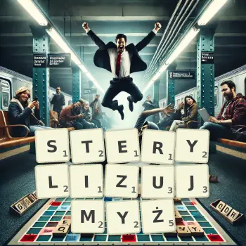 Kreatywna ilustracja do gry w Scrabble ze słowem STERYLIZUJMYŻ ułożonym z płytek na planszy.