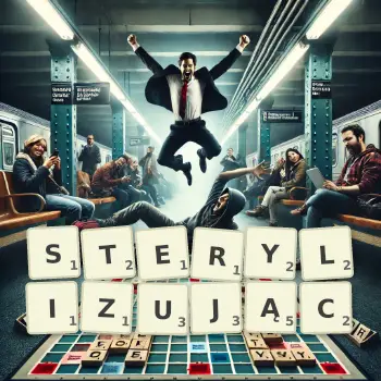 Kreatywna ilustracja do gry w Scrabble ze słowem STERYLIZUJĄC ułożonym z płytek na planszy.