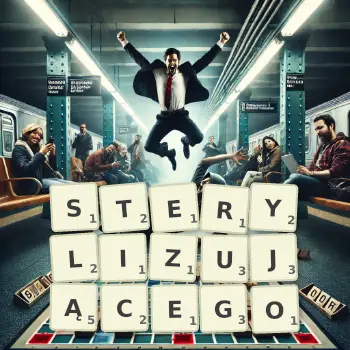 Kreatywna ilustracja do gry w Scrabble ze słowem STERYLIZUJĄCEGO ułożonym z płytek na planszy.