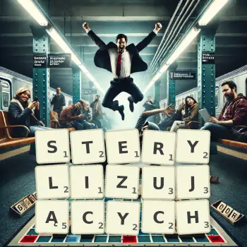 Kreatywna ilustracja do gry w Scrabble ze słowem STERYLIZUJĄCYCH ułożonym z płytek na planszy.