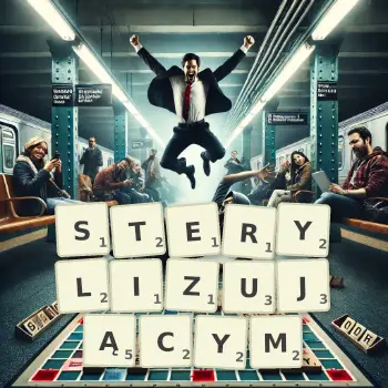 Kreatywna ilustracja do gry w Scrabble ze słowem STERYLIZUJĄCYM ułożonym z płytek na planszy.
