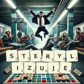 Kreatywna ilustracja do gry w Scrabble ze słowem STERYLIZUJĘ ułożonym z płytek na planszy.