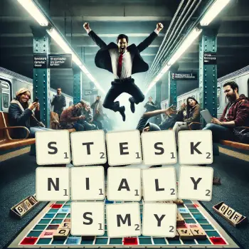 Kreatywna ilustracja do gry w Scrabble ze słowem STESKNIALYSMY ułożonym z płytek na planszy.