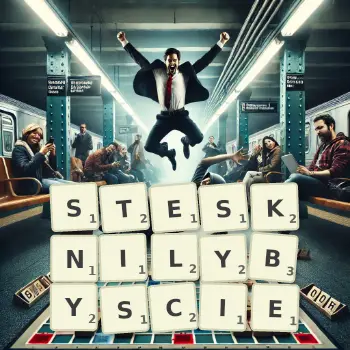 Kreatywna ilustracja do gry w Scrabble ze słowem STESKNILYBYSCIE ułożonym z płytek na planszy.
