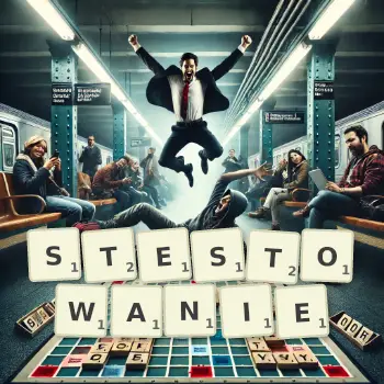 Kreatywna ilustracja do gry w Scrabble ze słowem STESTOWANIE ułożonym z płytek na planszy.