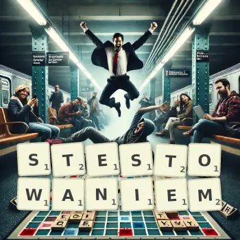 Kreatywna ilustracja do gry w Scrabble ze słowem STESTOWANIEM ułożonym z płytek na planszy.