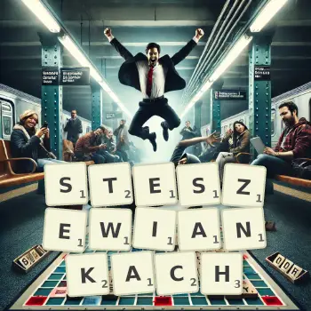 Kreatywna ilustracja do gry w Scrabble ze słowem STESZEWIANKACH ułożonym z płytek na planszy.