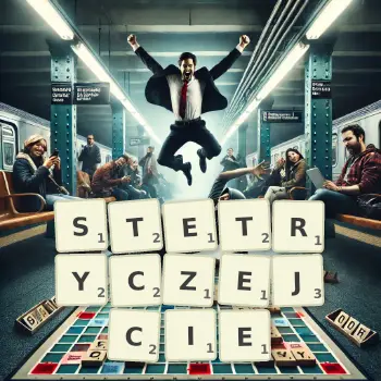Kreatywna ilustracja do gry w Scrabble ze słowem STETRYCZEJCIE ułożonym z płytek na planszy.